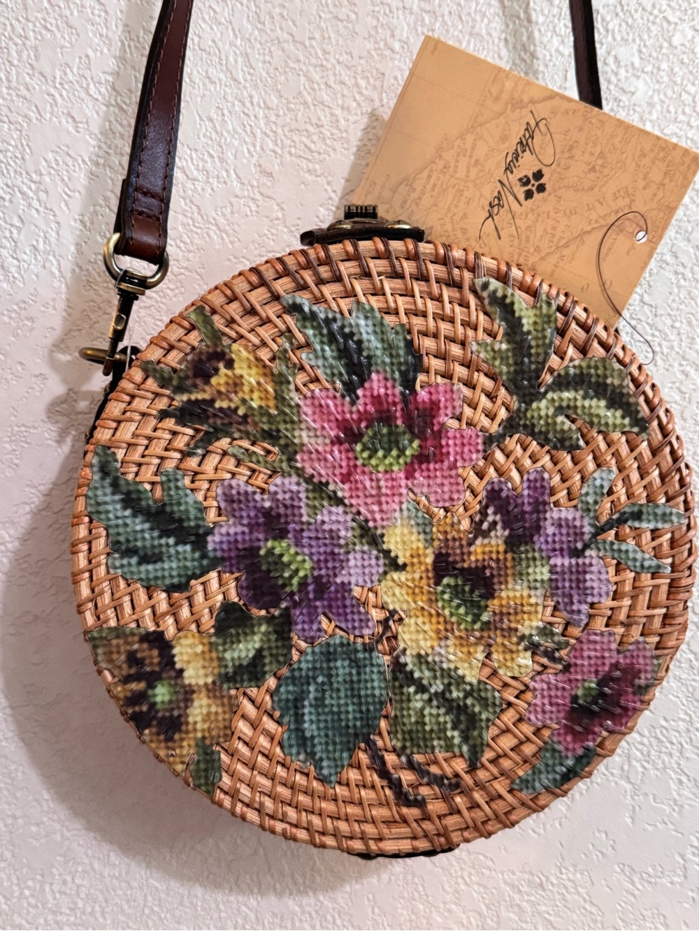 Patricia Nash hand painted floral raffia,round,leather accents,crossbody,Vintage